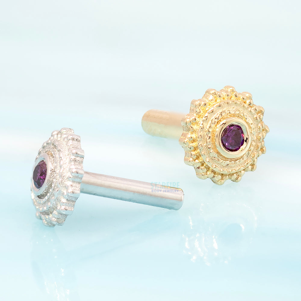 threadless: Gold & Platinum Flatback / Labret Post / Straight Barbell End with Fixed Round Afghan with Purple Diamond