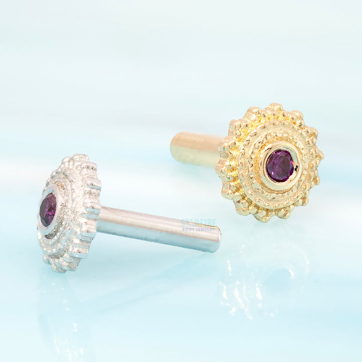 threadless: Gold & Platinum Flatback / Labret Post / Straight Barbell End with Fixed Round Afghan with Purple Diamond