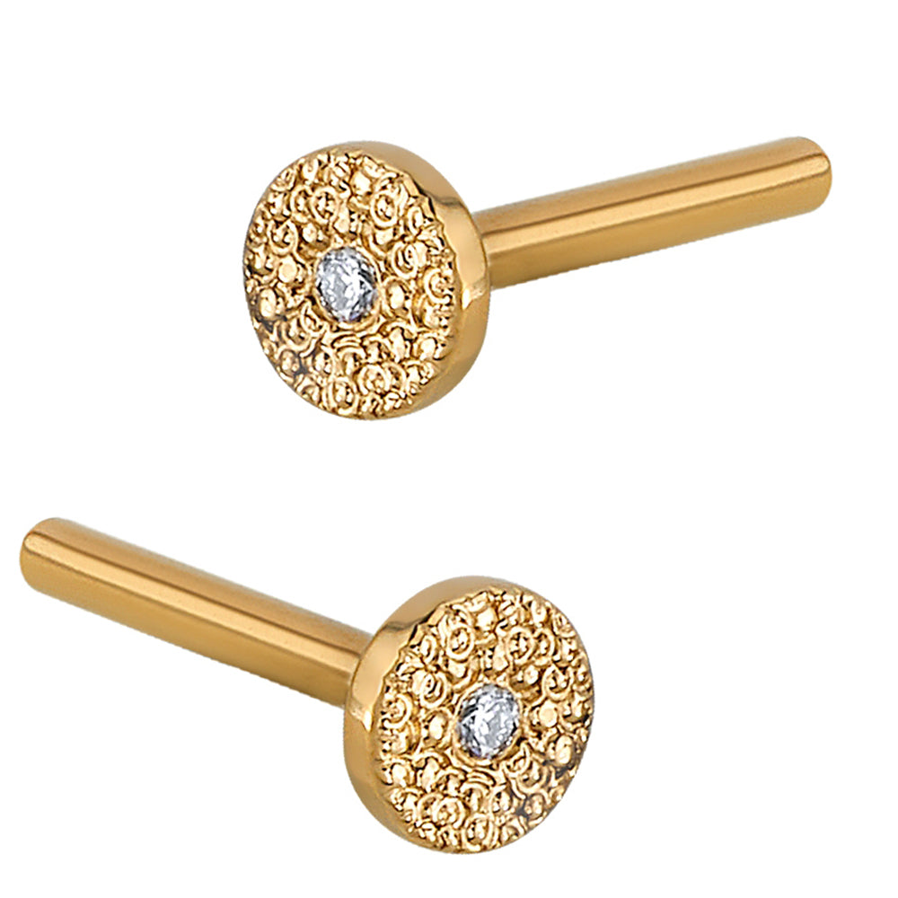 threadless: Gold Flatback / Labret Post / Straight Barbell End with Fixed Disc with Pave Set White CZ