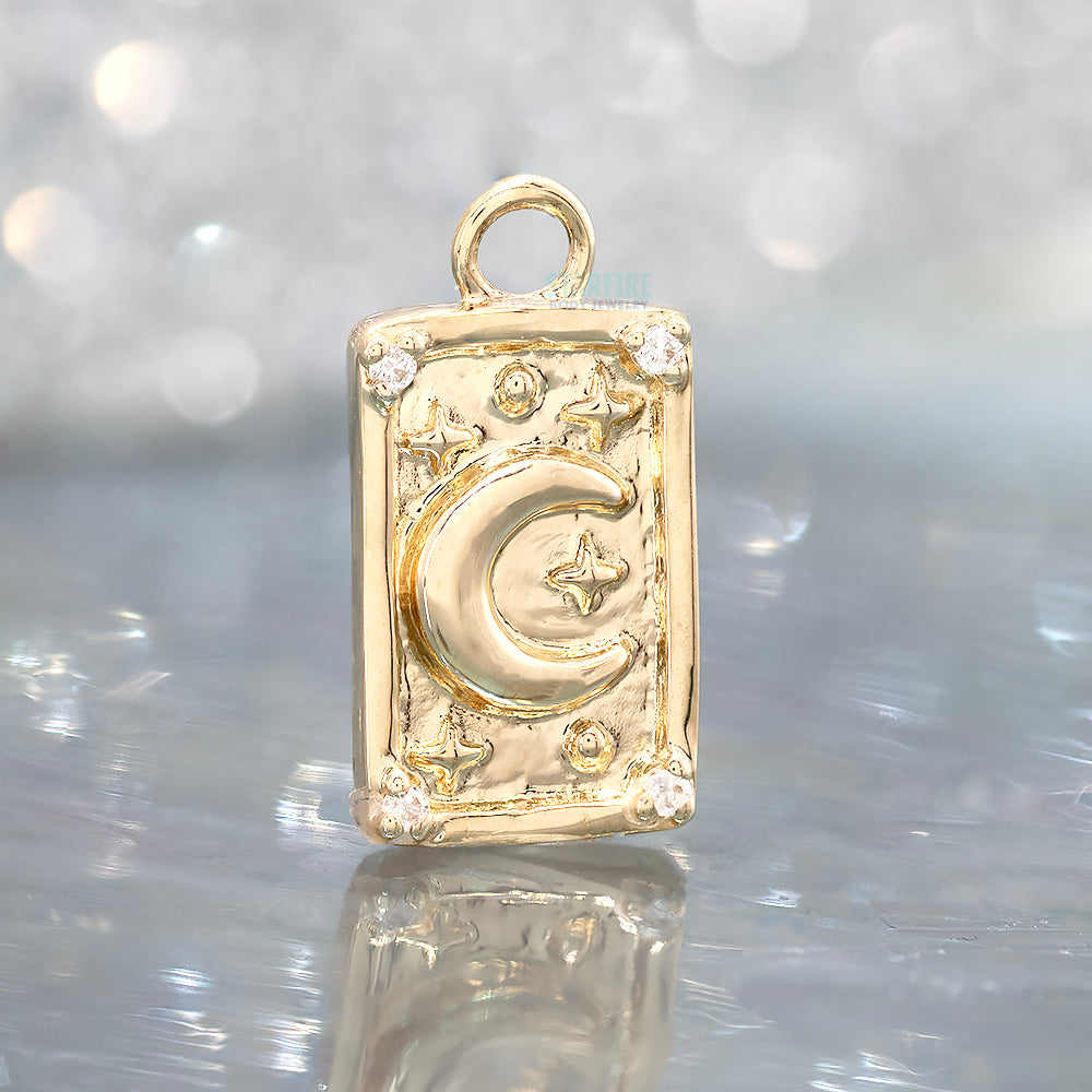 "The Moon" Tarot Card Charm in Gold with Diamonds