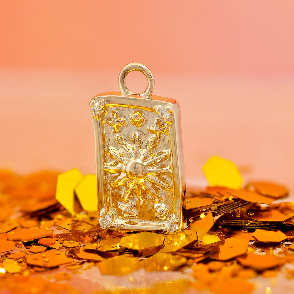 "The Sun" Tarot Card Charm in Gold with Diamonds