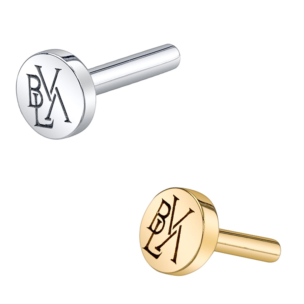 threadless: Gold & Platinum Flatback / Labret Post / Straight Barbell End with Fixed BVLA Engraved Disc