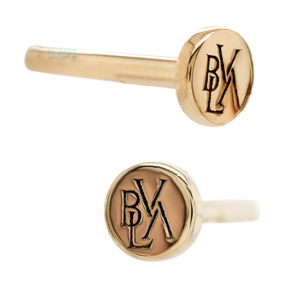 threadless: Gold & Platinum Flatback / Labret Post / Straight Barbell End with Fixed Monogram BVLA Logo Engraved Disc