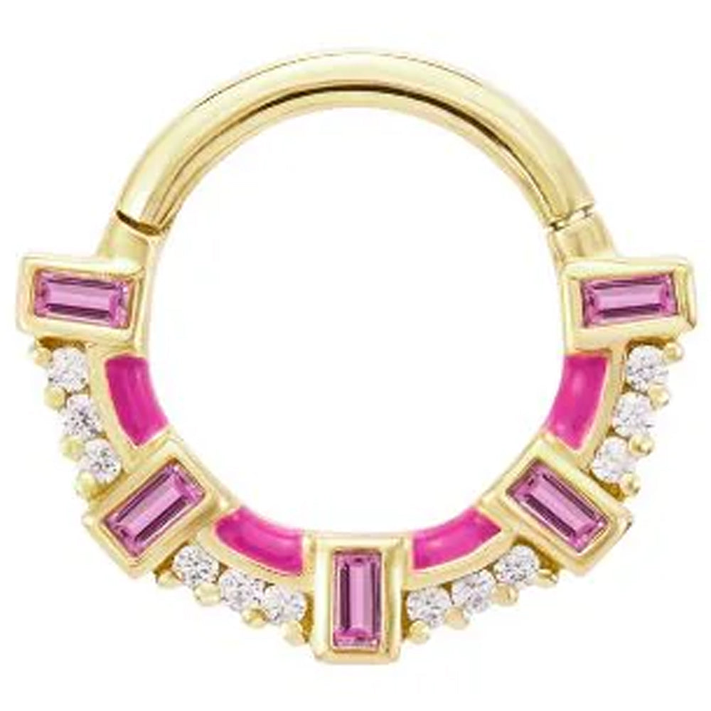 "Lola" Hinge Ring / Clicker in Gold with Pink Sapphire & CZ's