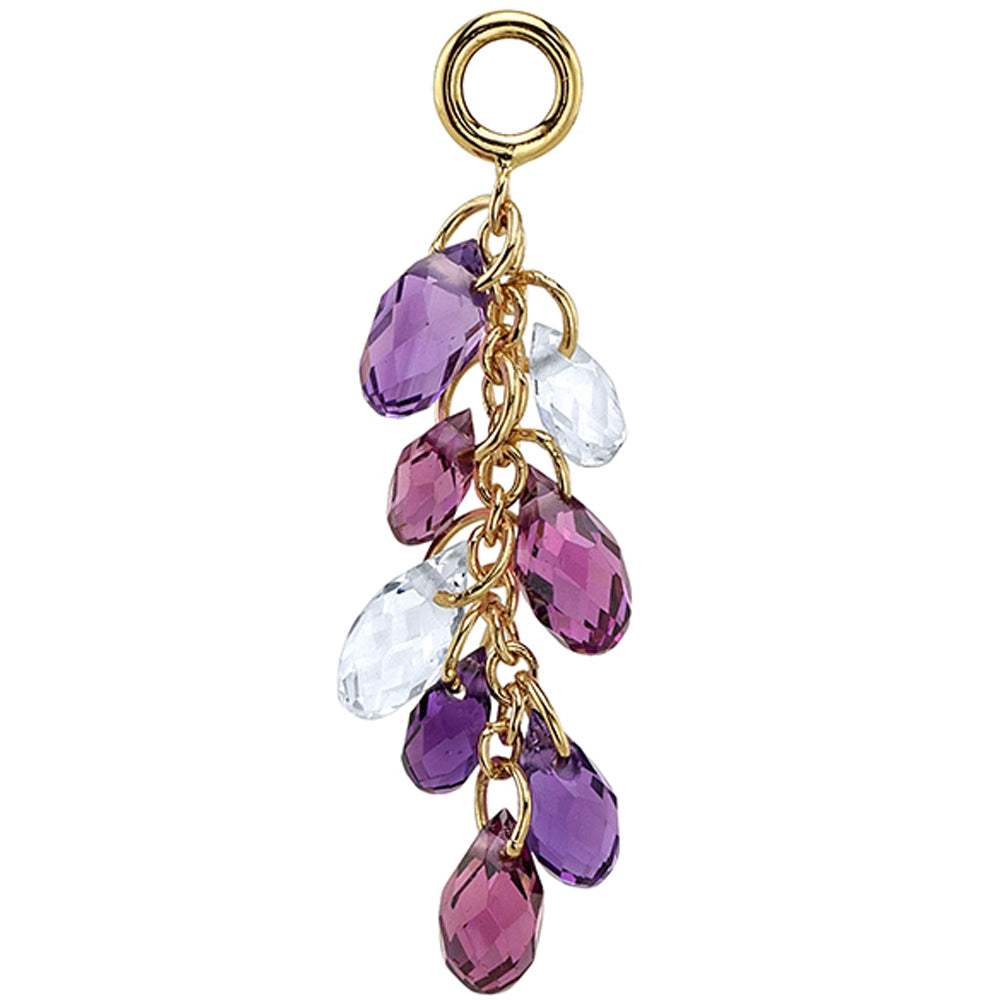 "Morning Dew" Chain Charm in Gold & Platinum with Crystal Quartz, Rhodolite & Amethyst