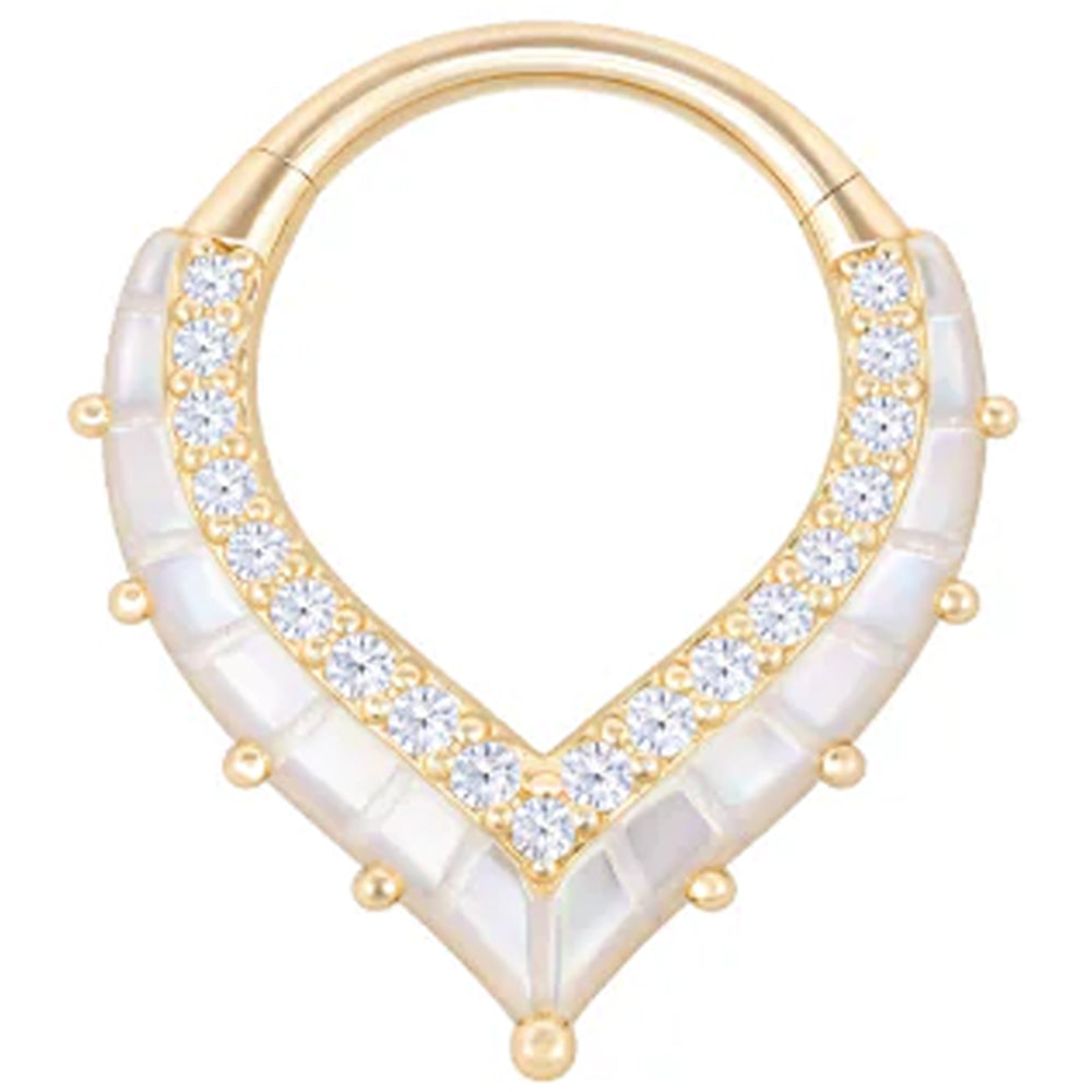 "Arise" Hinge Ring / Clicker in Gold with Mother of Pearl & CZ's