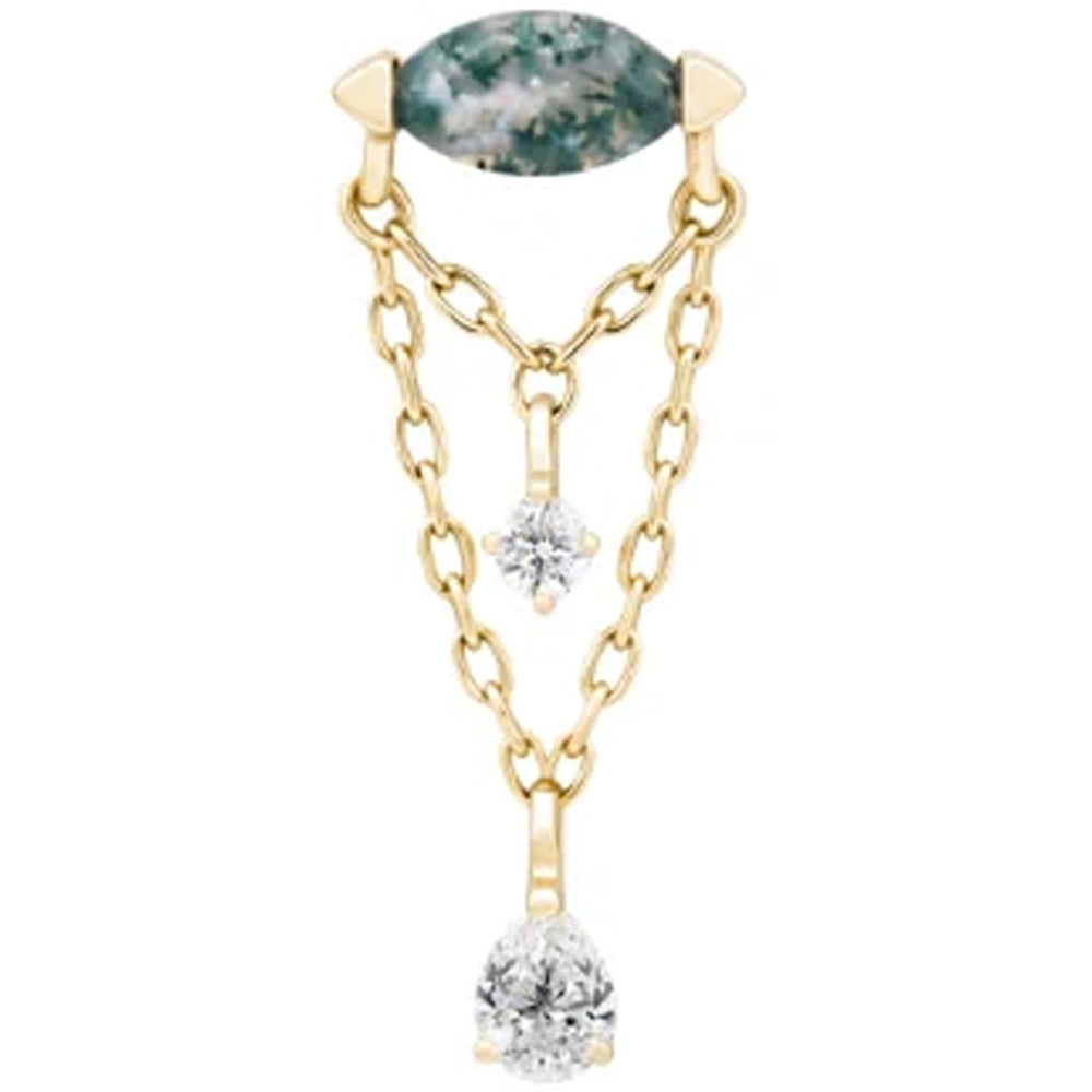 threadless: "Saint Vincent" Hidden Helix End with Chains in Gold with Moss Agate & CZ's