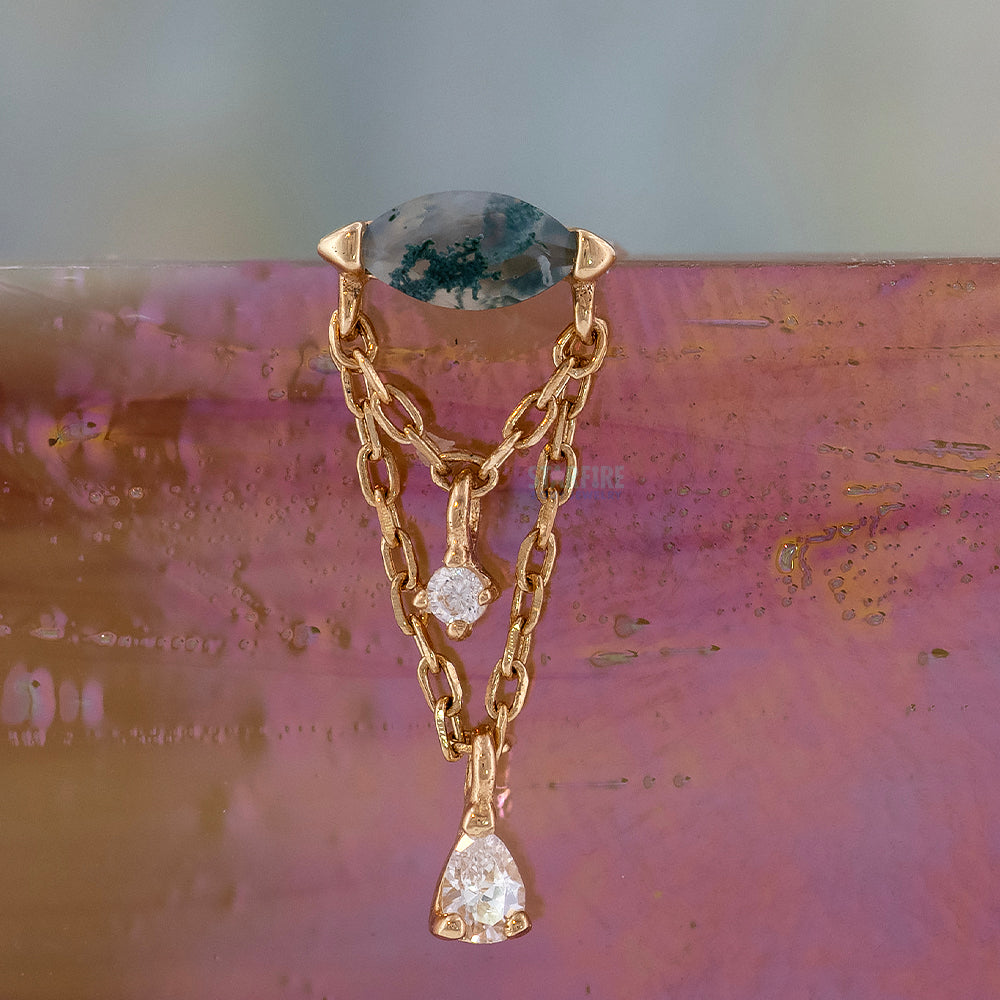 threadless: "Saint Vincent" Hidden Helix End with Chains in Gold with Moss Agate & CZ's