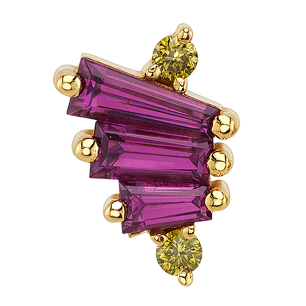 "Constance" Threaded End in Gold & Platinum with Rhodolite & Golden Yellow Diamonds