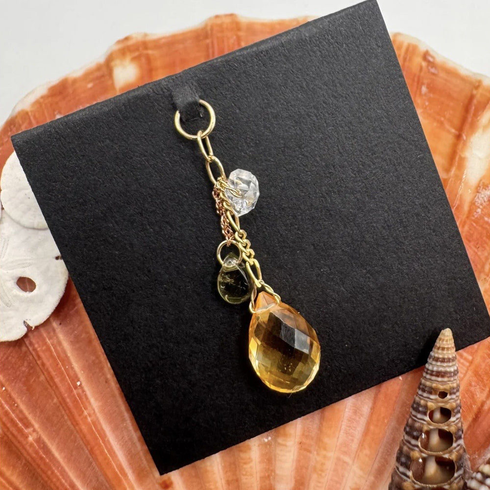"Aging in August" Chain Charm in Gold with Herkimer Diamond Quartz, Rose Cut Citrine & Green Tourmaline