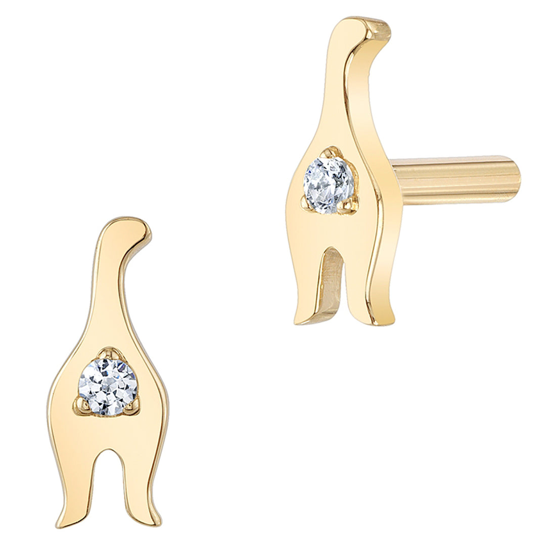 Gold & Platinum Threaded Flatback / Labret Post / Straight Barbell End with Fixed Feline Behind with White CZ