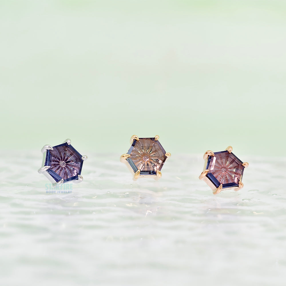 threadless: Portrait-Cut Iolite End in Gold with Ray Engraving