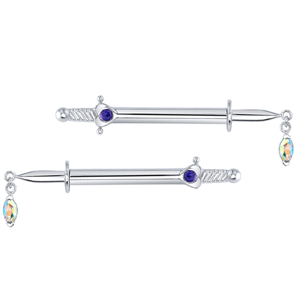 "Unicorn Blood" Forward Facing Nipple Barbells in Gold & Platinum with Midnight Topaz & Mercury Mist Topaz