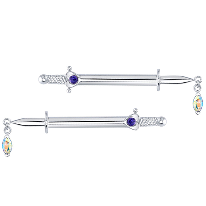 "Unicorn Blood" Forward Facing Nipple Barbells in Gold & Platinum with Midnight Topaz & Mercury Mist Topaz