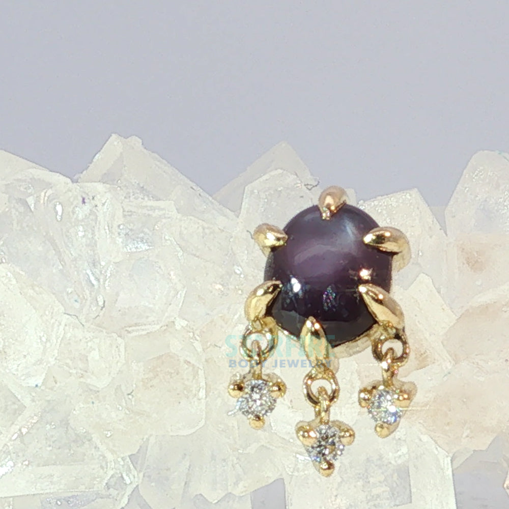 threadless: Prong End with Dangle in Gold with Star Ruby Cabochon and Diamonds