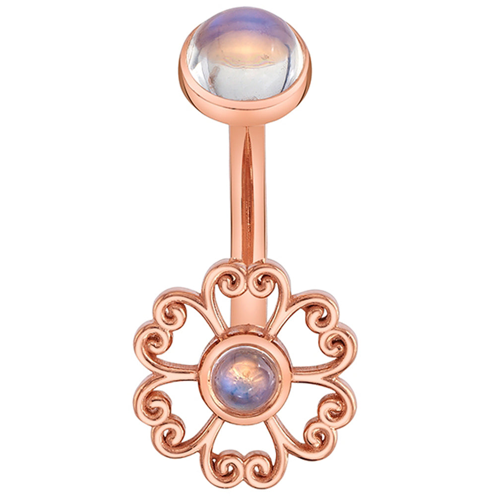 Large "Incense" Navel J Curve in Gold & Platinum with Rainbow Moonstones