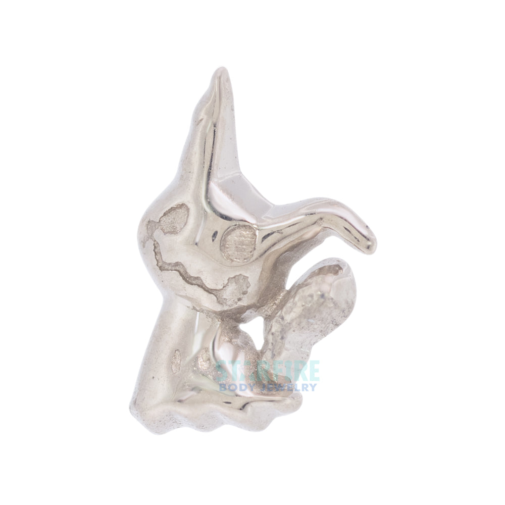 Side angled view of Kiwi Jewelry 15K solid gold Mimikyu Pokemon threadless piercing end on white