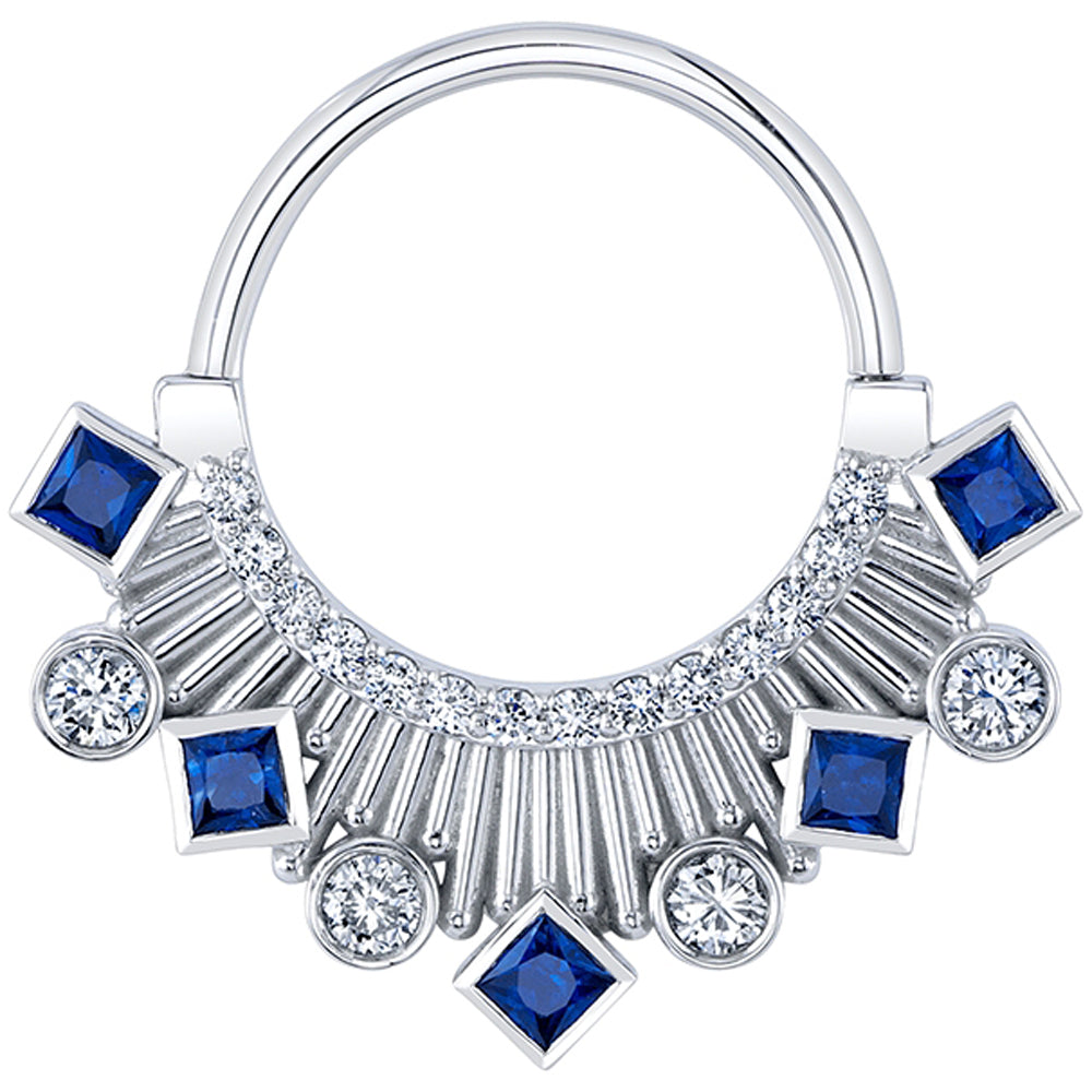 "Elsa" Hinge Ring in Gold & Platinum with Diamond & Blue Sapphires