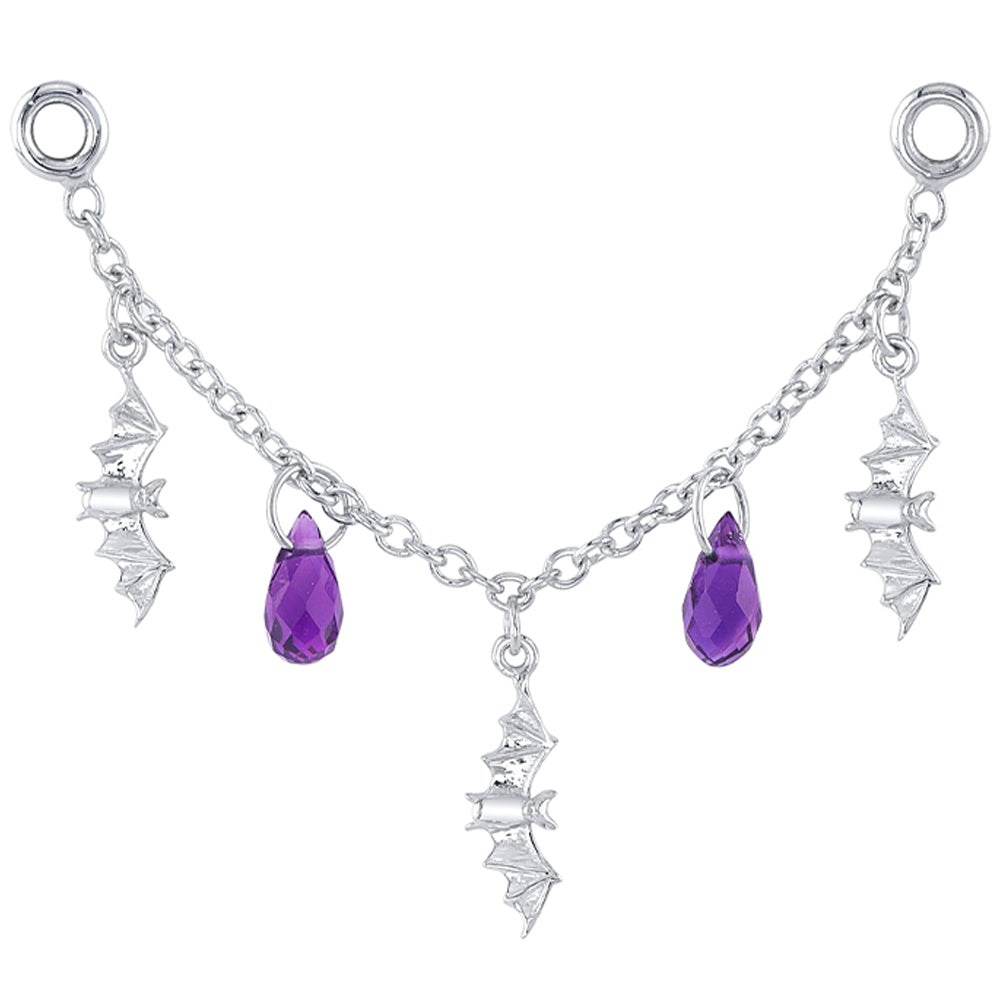 BVLA Body Vision Draven chain attachment in white gold front facing image featuring tiny bats and shimmering purple amethyst briolette dangles