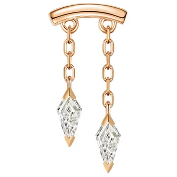 A frontal image of a katana horizontal threadless pin body jewelry end in rose gold with kite shaped white diamond dangles curving to the left