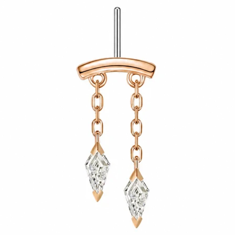A frontal image of a katana vertical threadless pin body jewelry end in rose gold with kite shaped white diamond dangles curving to the left