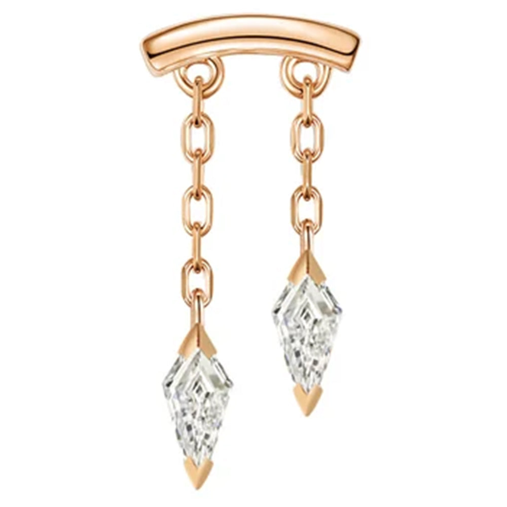 A frontal image of a katana horizontal threadless pin body jewelry end in rose gold with kite shaped white diamond dangles curving to the right