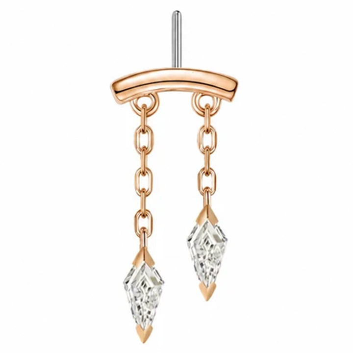 A frontal image of a katana vertical threadless pin body jewelry end in rose gold with kite shaped white diamond dangles curving to the right
