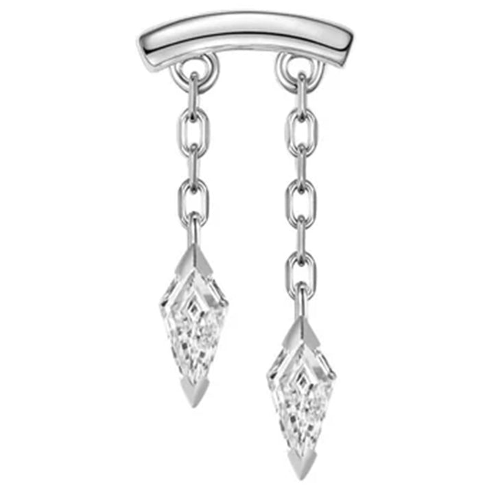 A frontal image of a katana horizontal threadless pin body jewelry end in white gold with kite shaped white diamond dangles curving to the left 