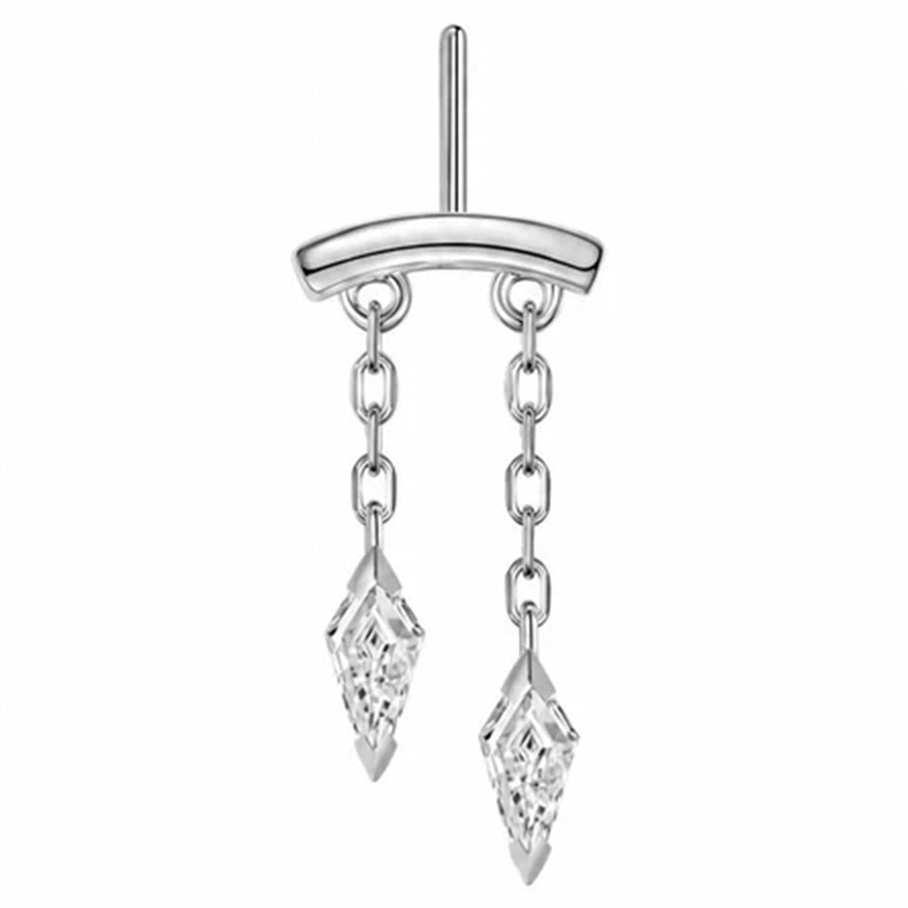 A frontal image of a katana vertical threadless pin body jewelry end in white gold with kite shaped white diamond dangles curving to the left