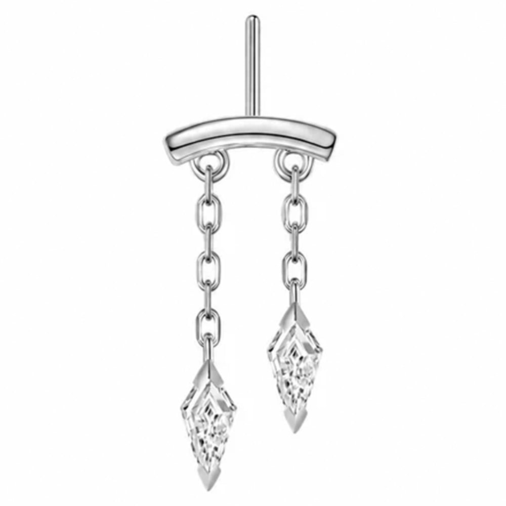 A frontal image of a katana vertical threadless pin body jewelry end in white gold with kite shaped white diamond dangles curving to the right