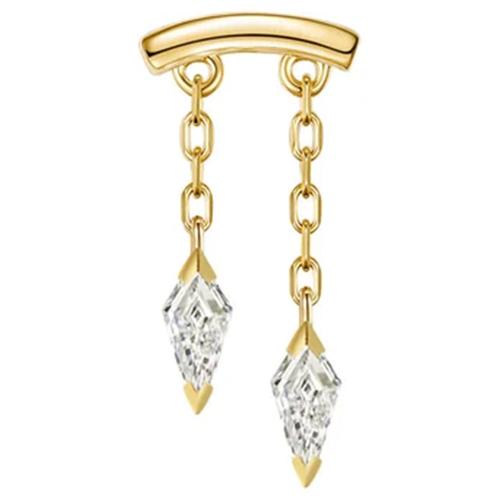 A frontal image of a katana horizontal threadless pin body jewelry end in yellow gold with kite shaped white diamond dangles curving to the left 