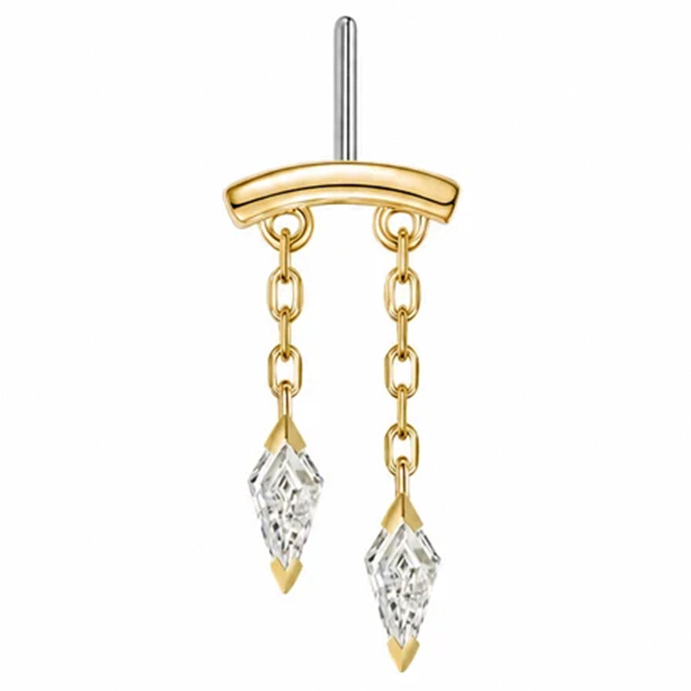 A frontal image of a katana vertical threadless pin body jewelry end in yellow gold with kite shaped white diamond dangles curving to the left 