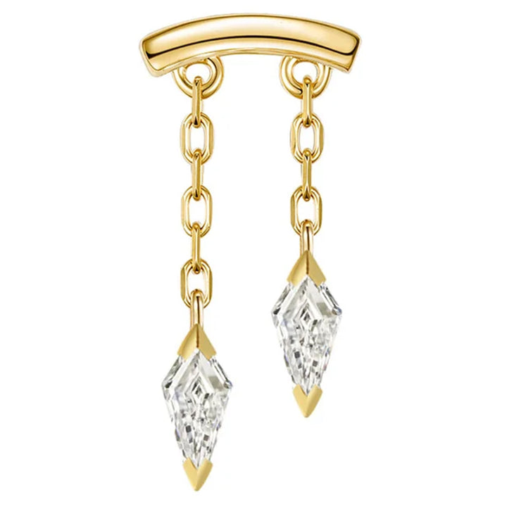 A frontal image of a katana horizontal threadless pin body jewelry end in yellow gold with kite shaped white diamond dangles curving to the right
