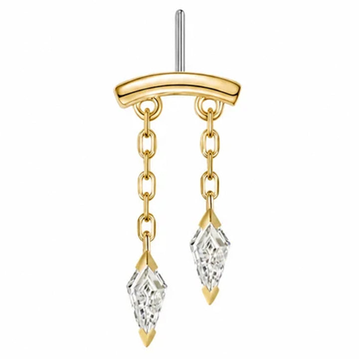 A frontal image of a katana vertical threadless pin body jewelry end in yellow gold with kite shaped white diamond dangles curving to the right
