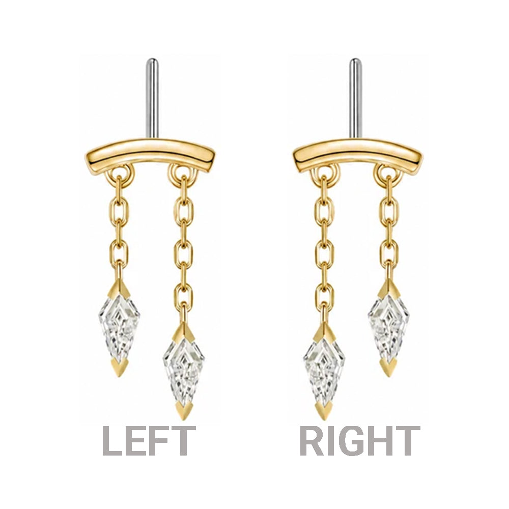 A pair of yellow gold katana vertical pin threadless ends with clear faceted white diamond kite shaped drops, shown side by side on a white background with 'LEFT' and 'RIGHT' labels below each piece of body jewelry