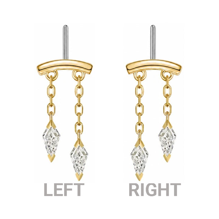 A pair of yellow gold katana vertical pin threadless ends with clear faceted white diamond kite shaped drops, shown side by side on a white background with 'LEFT' and 'RIGHT' labels below each piece of body jewelry