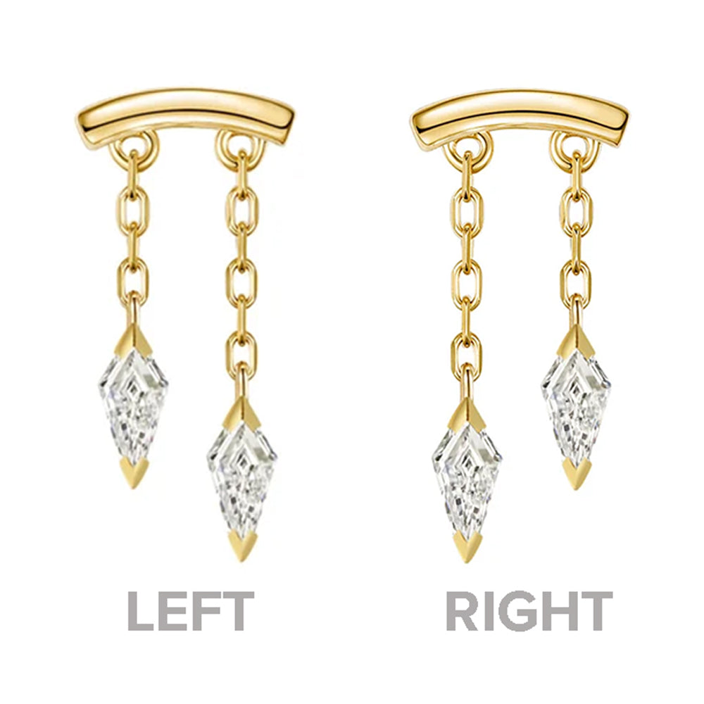 A pair of yellow gold katana horizontal pin threadless ends with clear faceted white diamond kite shaped drops, shown side by side on a white background with 'LEFT' and 'RIGHT' labels below each piece of body jewelry