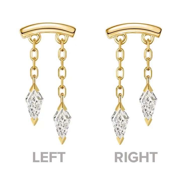 A pair of yellow gold katana horizontal pin threadless ends with clear faceted white diamond kite shaped drops, shown side by side on a white background with 'LEFT' and 'RIGHT' labels below each piece of body jewelry