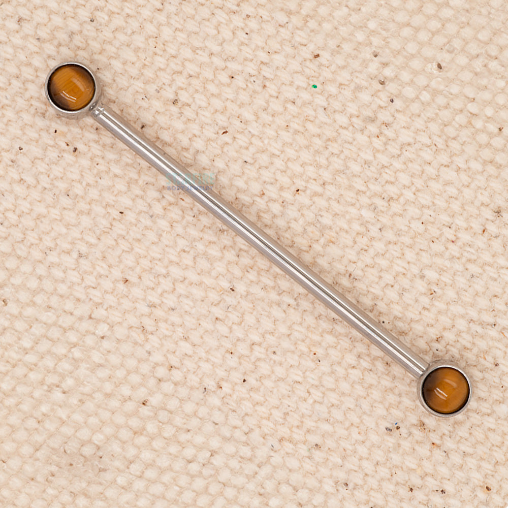 Bezel-Set Natural Stone Side-Set Industrial Barbell - TEC – Tigers Eye (14 ga. 1 3/8")