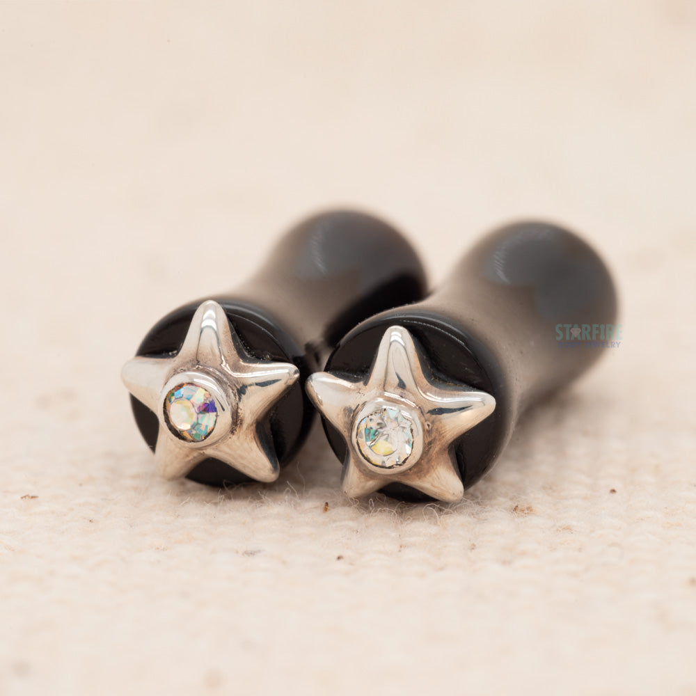 Double-Flared Horn Plugs Silver Star with Gem (4 ga.)