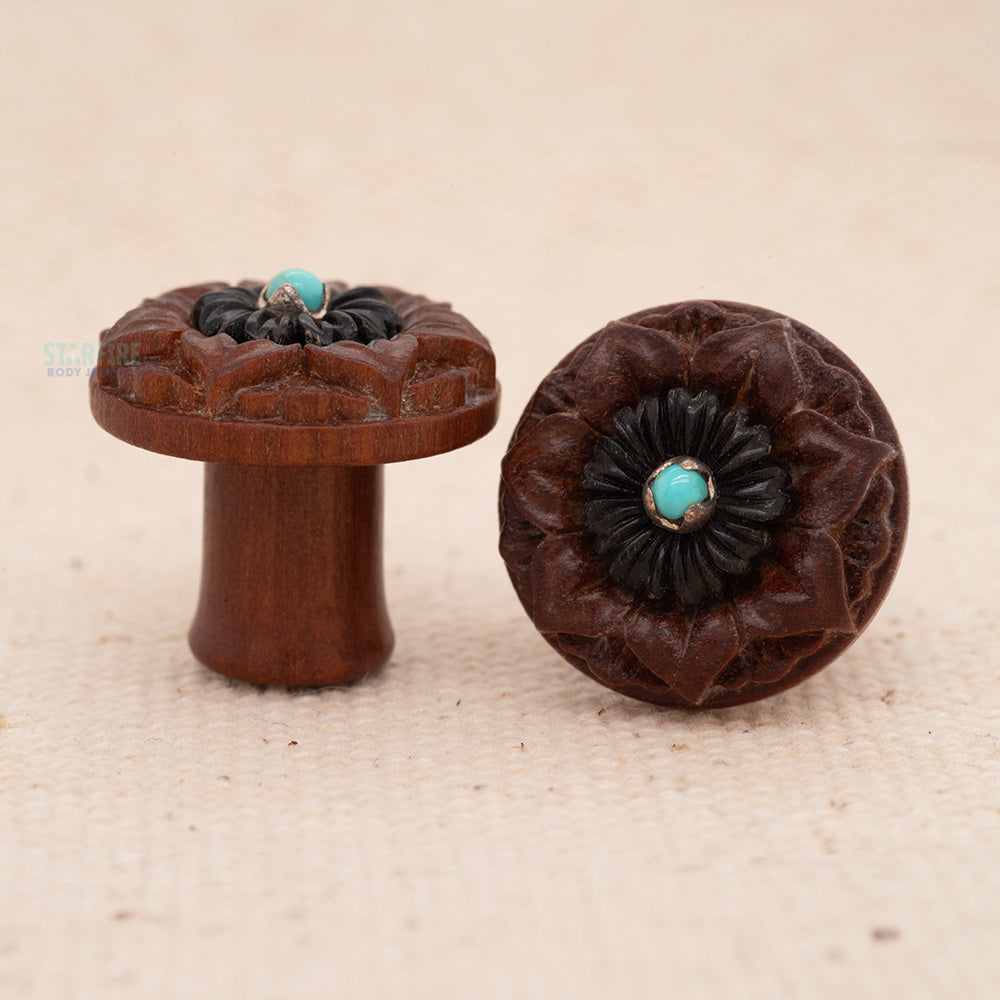 Double-Flared Wood Plugs - Flower with Turquoise (0 ga.)