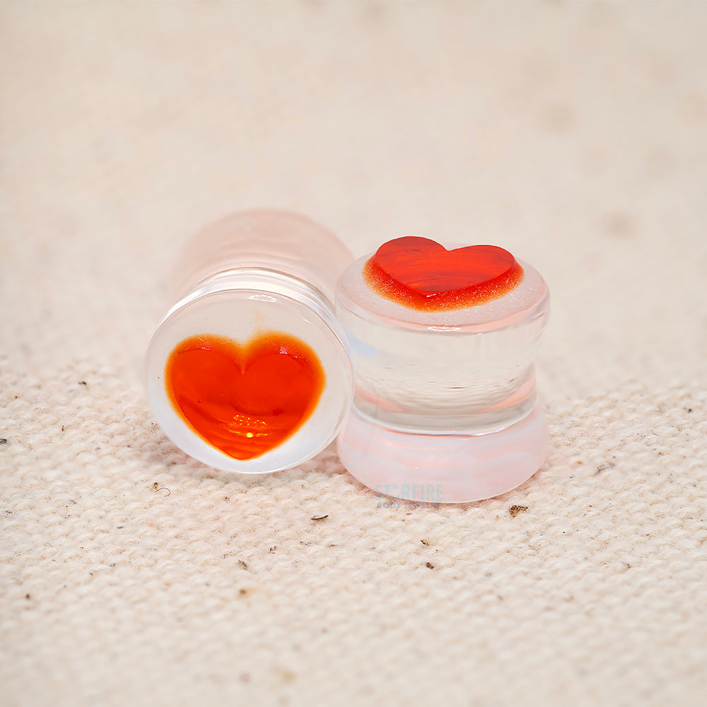 Heart Glass Plugs - Ruby on Crystal Martele (10mm)