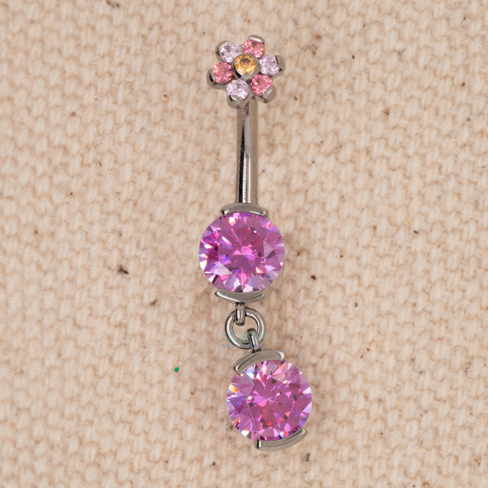 2 Prong-Set Faceted Gem Navel Curve with Dangle #3 with Flower Top - custom color combo