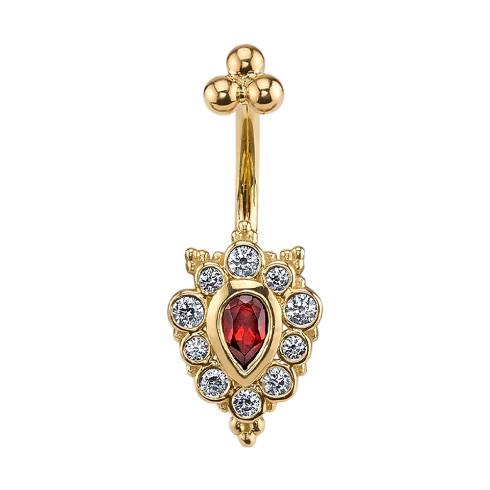 "Lucy" Navel J Curve in Gold with DIAMONDS and Ruby's