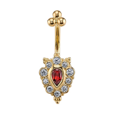 "Lucy" Navel J Curve in Gold with DIAMONDS and Ruby's