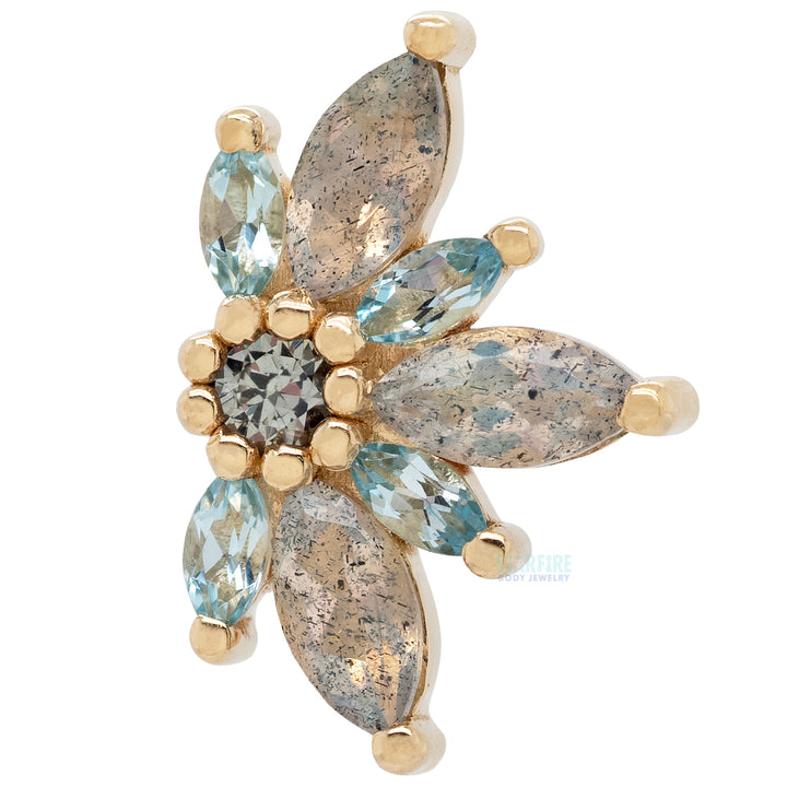 Small "Starling" Threaded End in Gold & Platinum with Labradorite, Swiss Blue Topaz & Grey Sapphire
