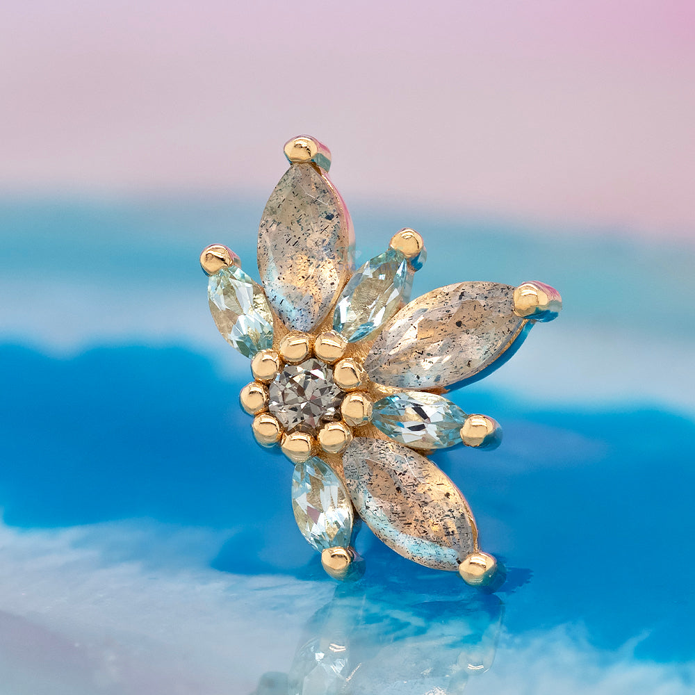 Small "Starling" Threaded End in Gold & Platinum with Labradorite, Swiss Blue Topaz & Grey Sapphire