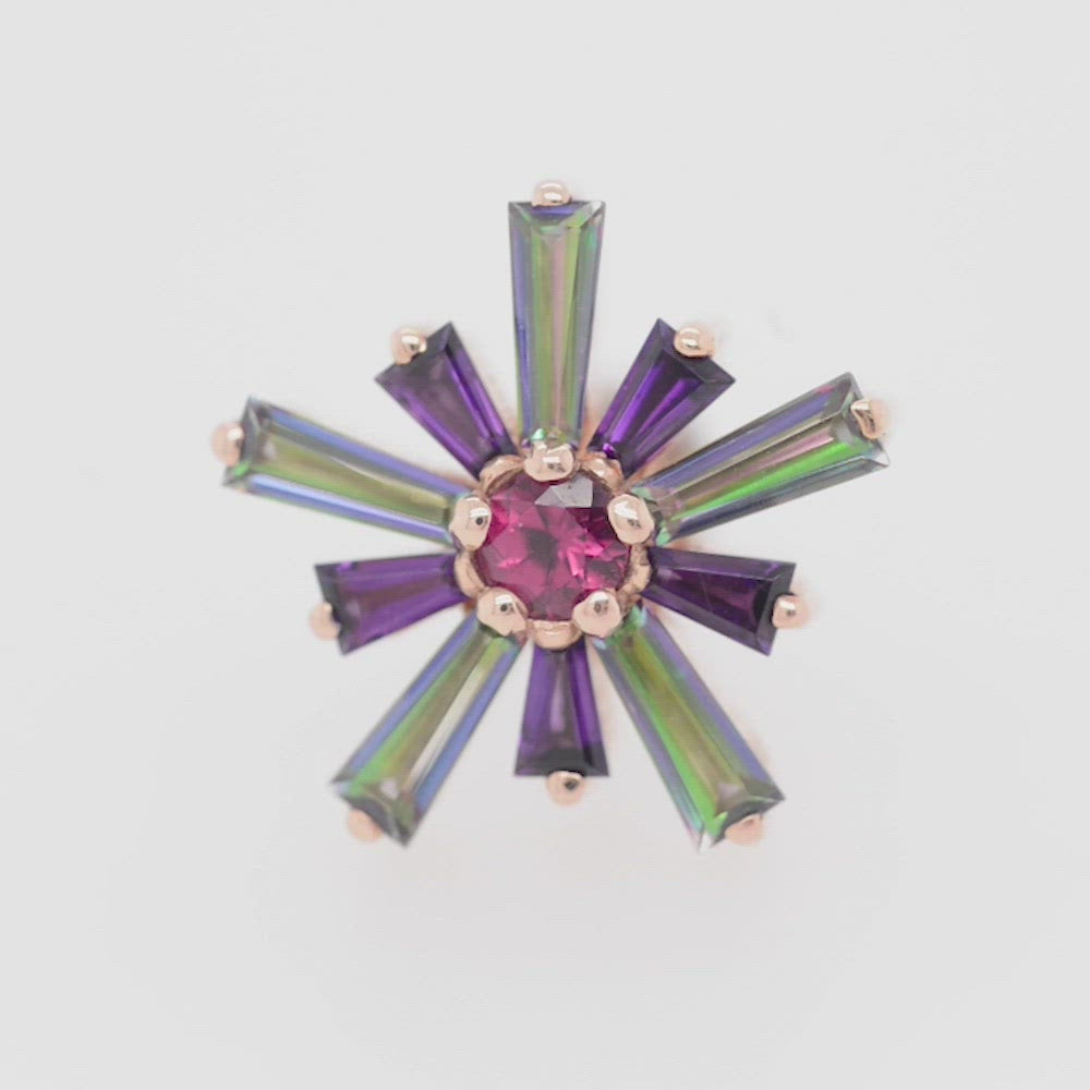 "Supernova" Threaded End in Gold & Platinum with Mystic Topaz & Amethyst surrounding a Pink Tourmaline