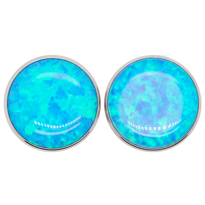 Single Gem Plugs ( Eyelets ) with Opal Cabochon - Light Blue Opal