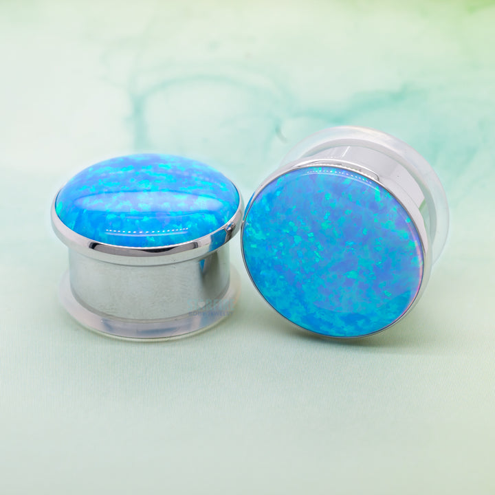 Single Gem Plugs ( Eyelets ) with Opal Cabochon - Light Blue Opal